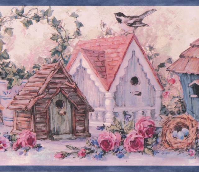 Rustic Pink Blue Flowers Birdhouses Vintage Wallpaper Border Retro