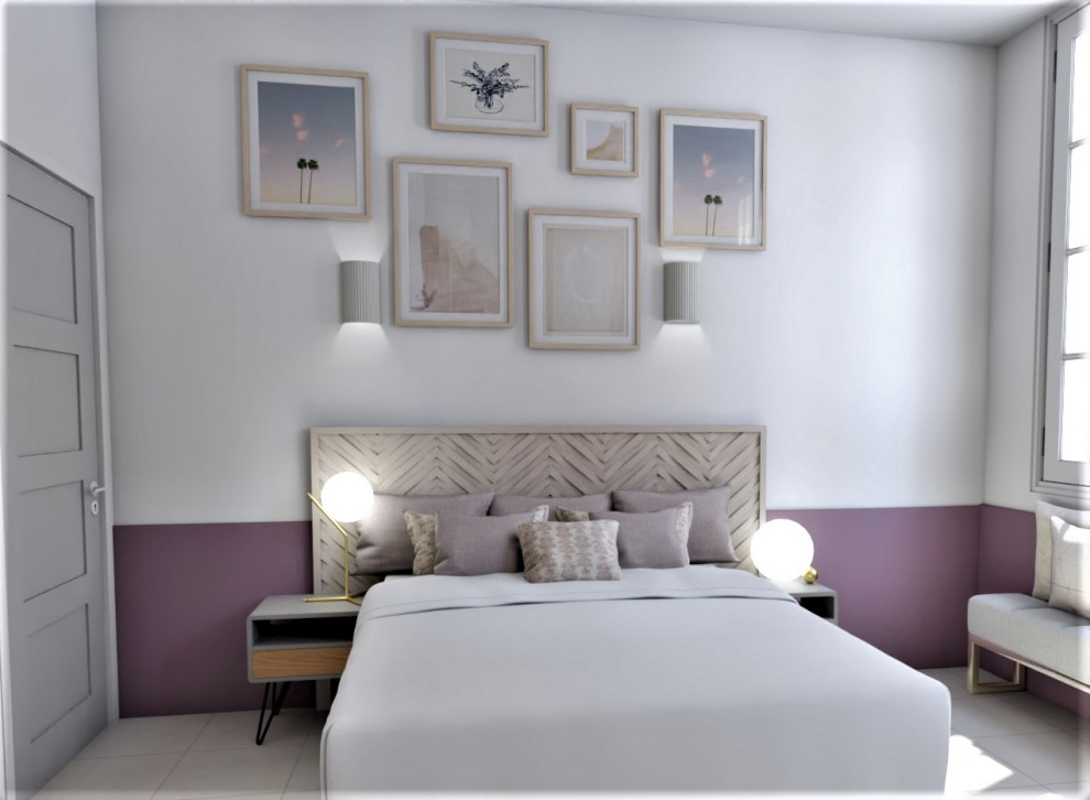 Стильный дизайн: хозяйская спальня среднего размера в стиле кантри с фиолетовыми стенами, стандартным камином, фасадом камина из камня, белым полом и панелями на стенах - последний тренд