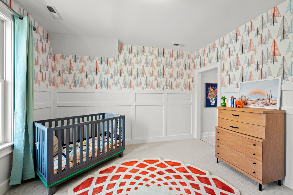 The Cardinal - Inspiration for a mid-sized contemporary gender-neutral carpeted, gray floor and wallpaper nursery remodel in Richmond with multicolored walls