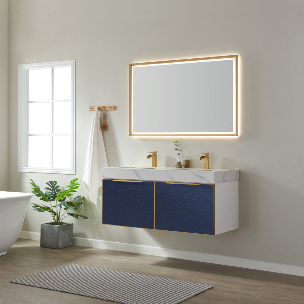 Cette photo montre une salle de bain principale moderne de taille moyenne avec un placard à porte plane, des portes de placard bleues, un lavabo encastré, un plan de toilette en quartz modifié, un plan de toilette blanc, meuble double vasque et meuble-lavabo suspendu.