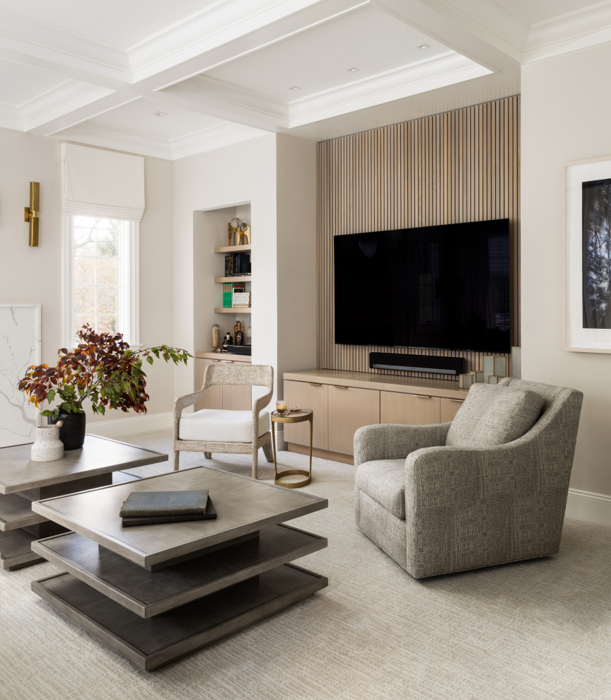 Inspiration for a large traditional formal open plan living room in Baltimore with white walls, carpet, a standard fireplace, a stone fireplace surround, a built-in media unit, white floors, a coffered ceiling and wood walls.
