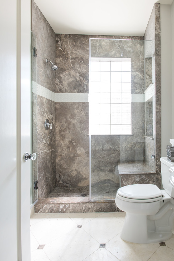 Photo of a mid-sized transitional 3/4 bathroom in Dallas with recessed-panel cabinets, white cabinets, an alcove shower, a one-piece toilet, gray tile, stone slab, white walls, porcelain floors, a pedestal sink, engineered quartz benchtops, white floor and a hinged shower door.