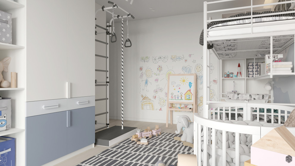 Свежая идея для дизайна: нейтральная детская среднего размера в современном стиле с спальным местом, белыми стенами, паркетным полом среднего тона и бежевым полом для ребенка от 1 до 3 лет, двоих детей - отличное фото интерьера