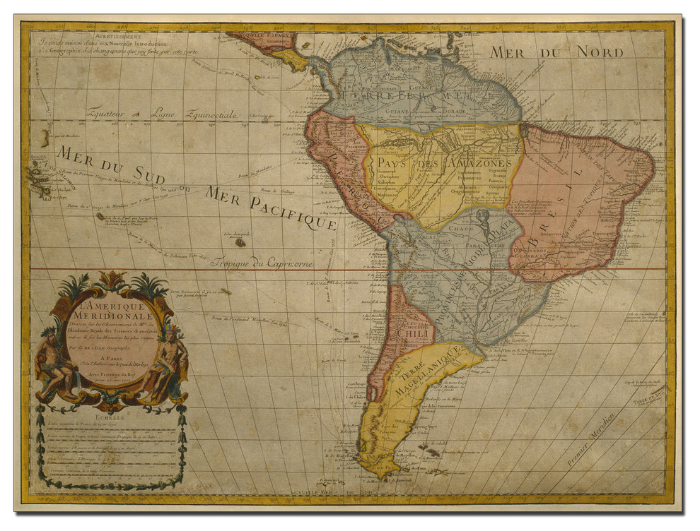 Guillaume Delisle style map of South America 1700 with black tone decorative cartouche