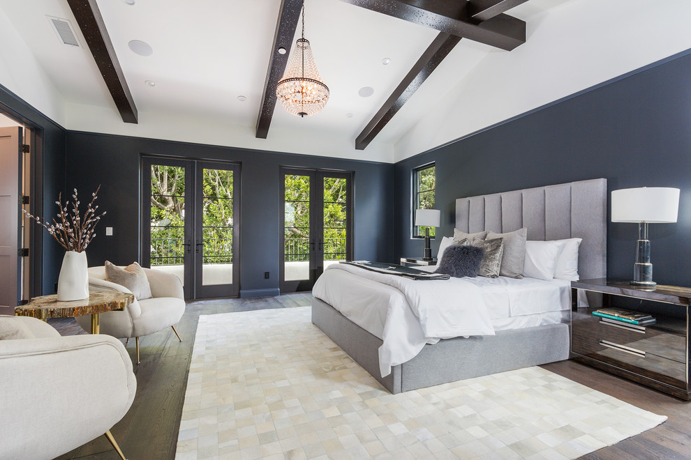 Design ideas for a transitional master bedroom in Los Angeles with dark hardwood floors and brown floor.