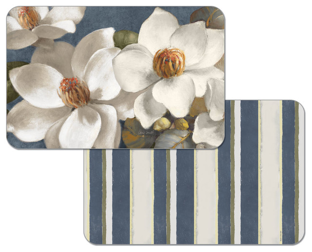 Vinyl Plastic Placemats Reversible Magnolia on Blue Set of 4