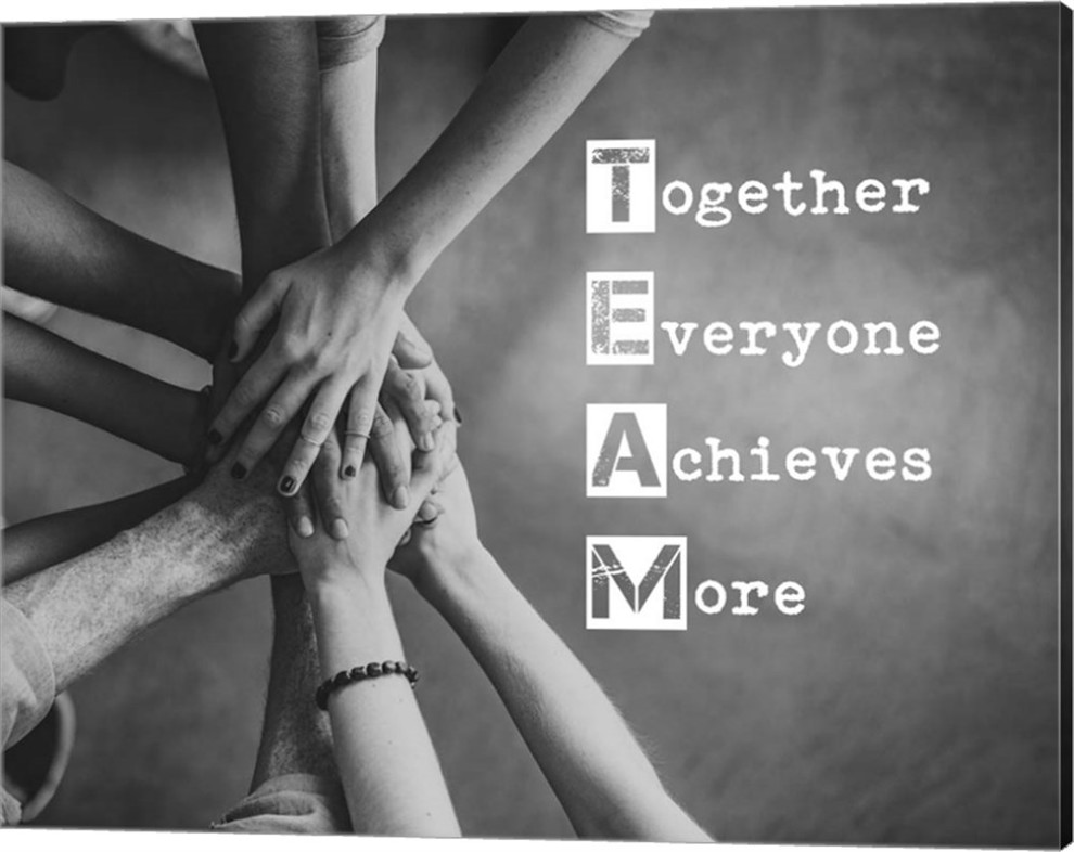 "Together Everyone Achieves More, Stacking Hands Grayscale" Wall Art, 20"x16"