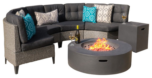 Gdf Studio 6 Piece Nessett Outdoor Black Wicker Half Round Sofa Dark Gray