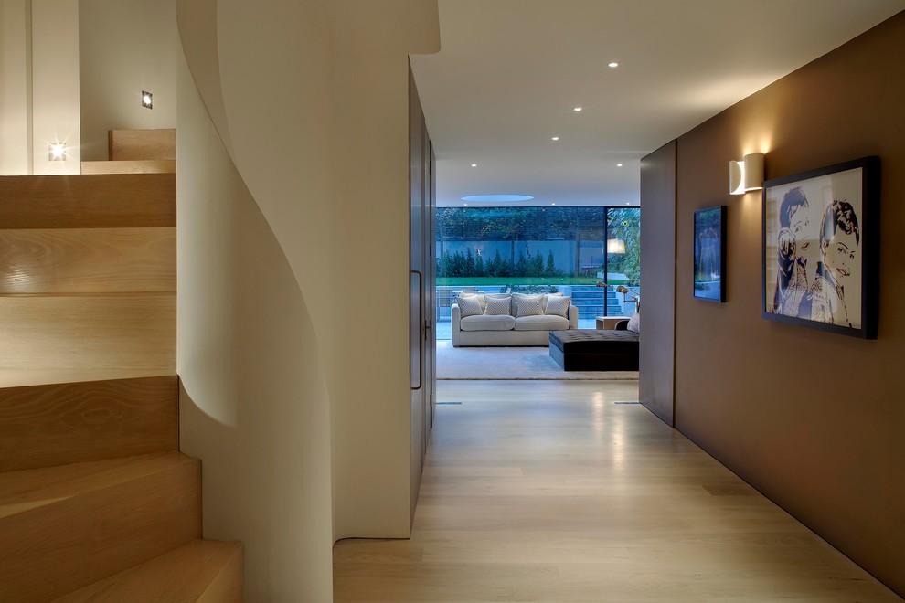 Mid-sized contemporary hallway in London with brown walls and light hardwood floors.