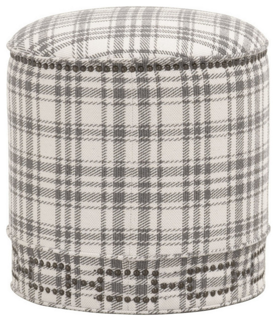 Benzara BM282131 Elly Plaid Fabric Ottoman, Round, Nailhead Accents ...