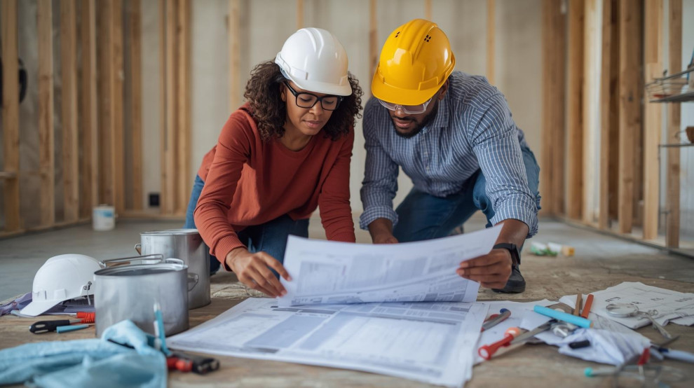 A contractor and homeowner reviewing renovation plans
