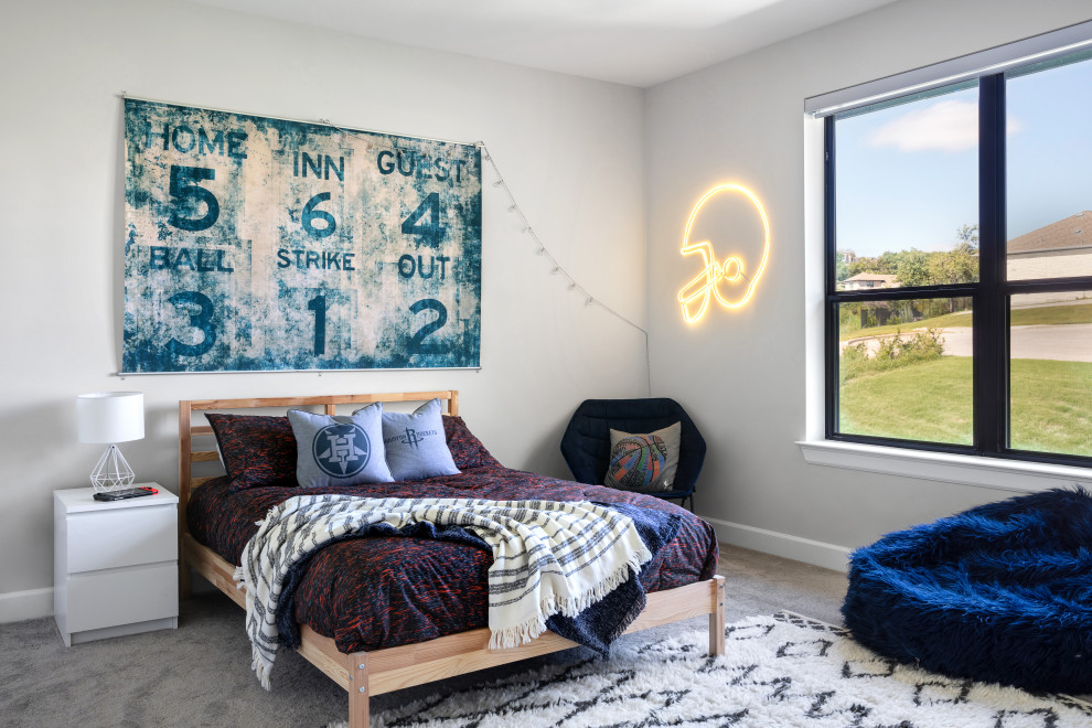 Foto de dormitorio infantil minimalista grande con paredes blancas, moqueta y suelo gris