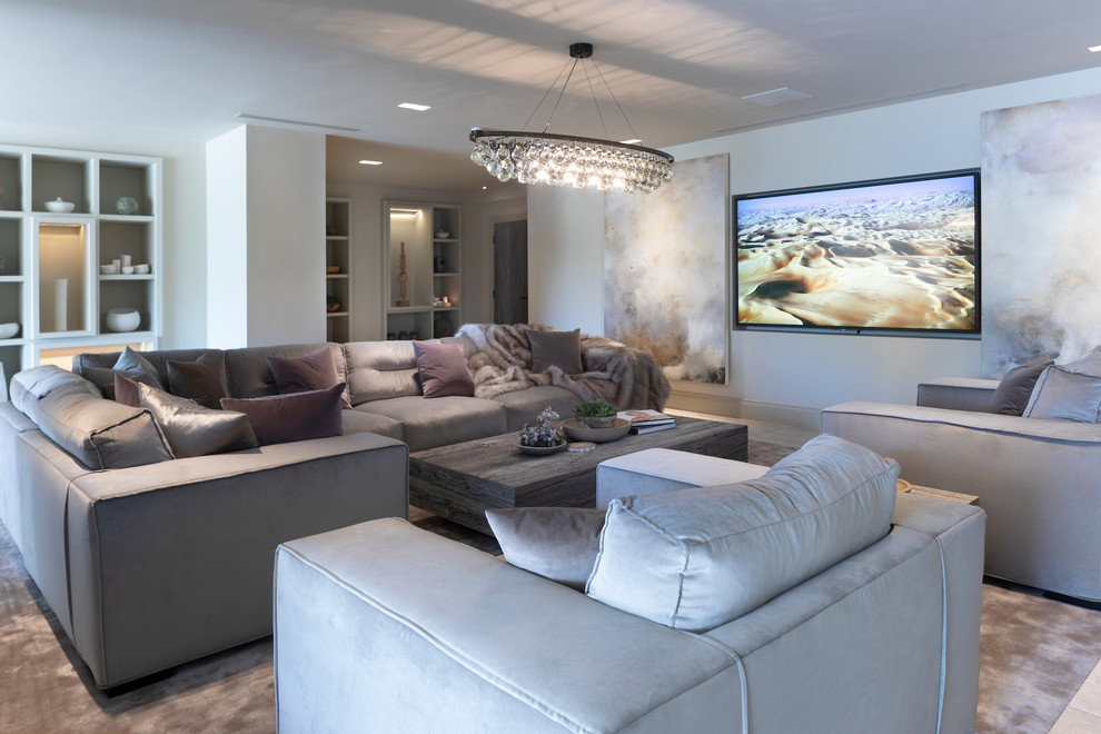 Large contemporary open concept living room in Cheshire with a music area, white walls, ceramic floors, a corner fireplace, a plaster fireplace surround, a concealed tv and white floor.