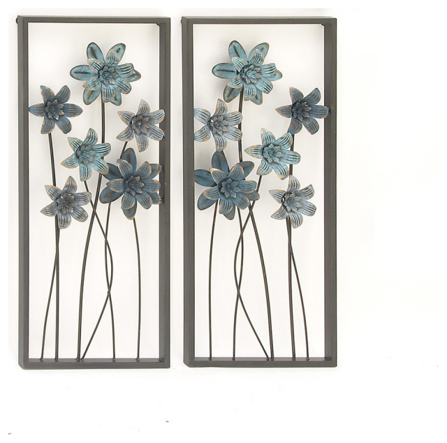 Set of 2 Grey Metal Traditional Floral Wall Decor, 12" x 28