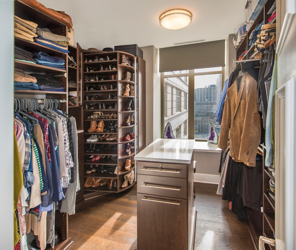 Design ideas for a small modern gender-neutral walk-in wardrobe in Chicago with dark wood cabinets, dark hardwood floors and open cabinets.