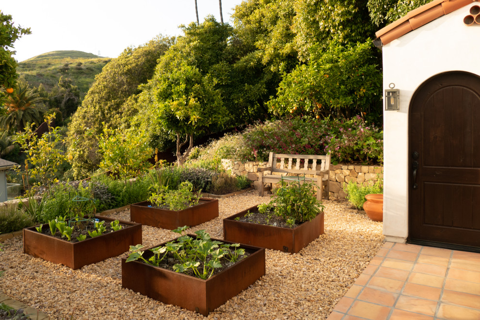 Diseño de jardín mediterráneo de tamaño medio en patio delantero con jardín francés, huerto y exposición total al sol