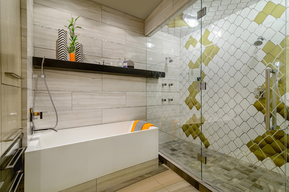 Inspiration for a mid-sized contemporary master bathroom in Minneapolis with a double shower, green tile, white tile, a freestanding tub and a hinged shower door.