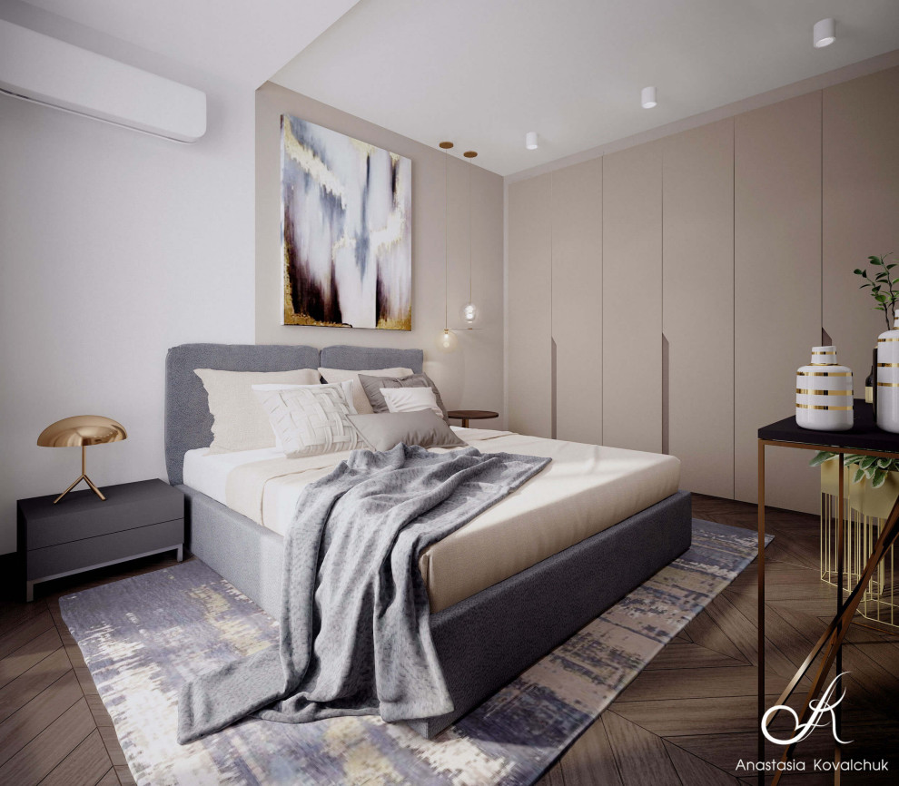 This is an example of a mid-sized contemporary master bedroom in Moscow with beige walls, dark hardwood floors and brown floor.