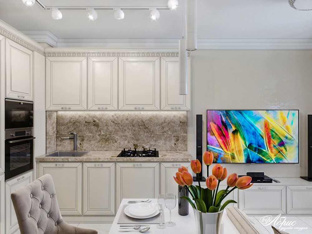 Дизайн интерьера небольшой кухни-гостиной (ЖК Лесная мелодия-3)