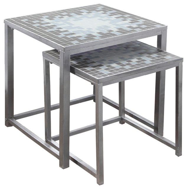 Nesting Table, 2-Piece Set, Gray, Blue Tile Top, Silver ... Nesting Table, 2-Piece Set, Gray, Blue Tile Top, Silver ...