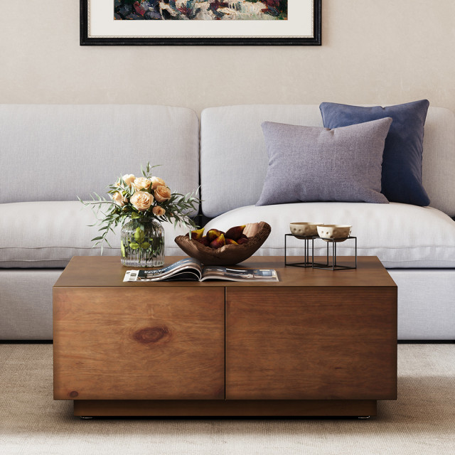 Japandi Square Coffee Table With 4 Drawers Storage Wooden Pedestal ...