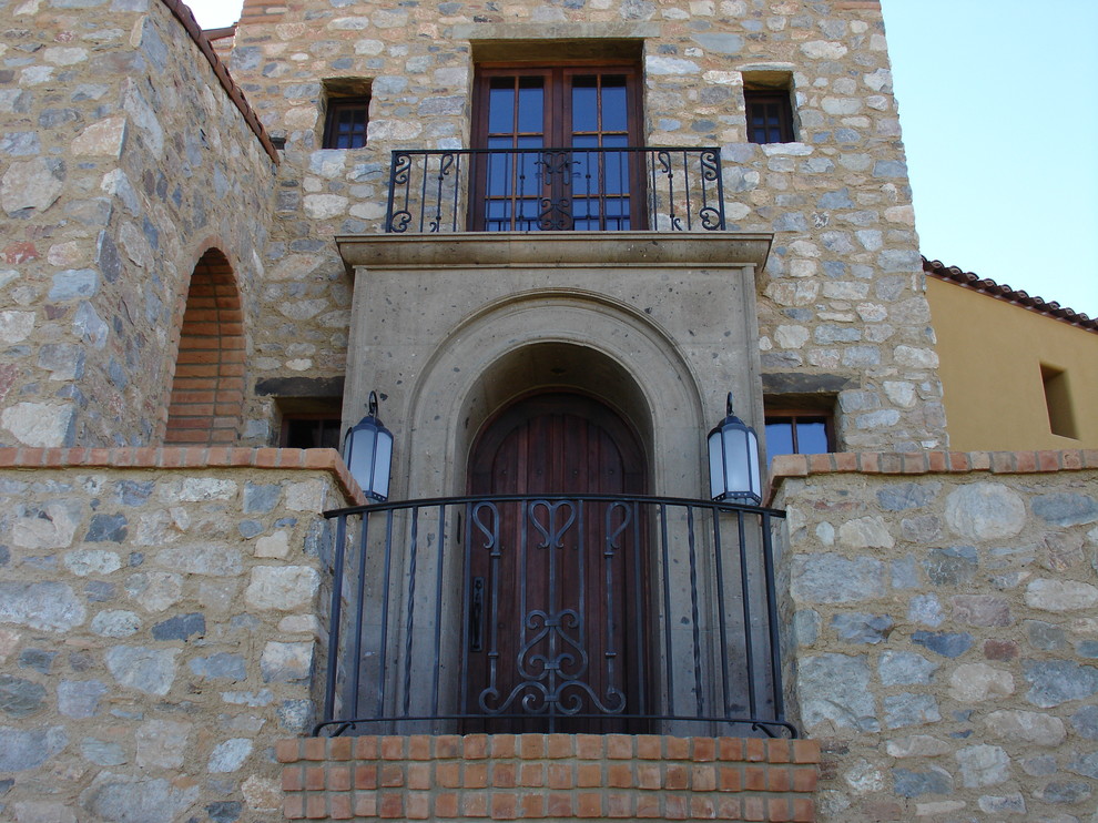 Mid-sized mountain style gray two-story mixed siding gable roof photo in Phoenix