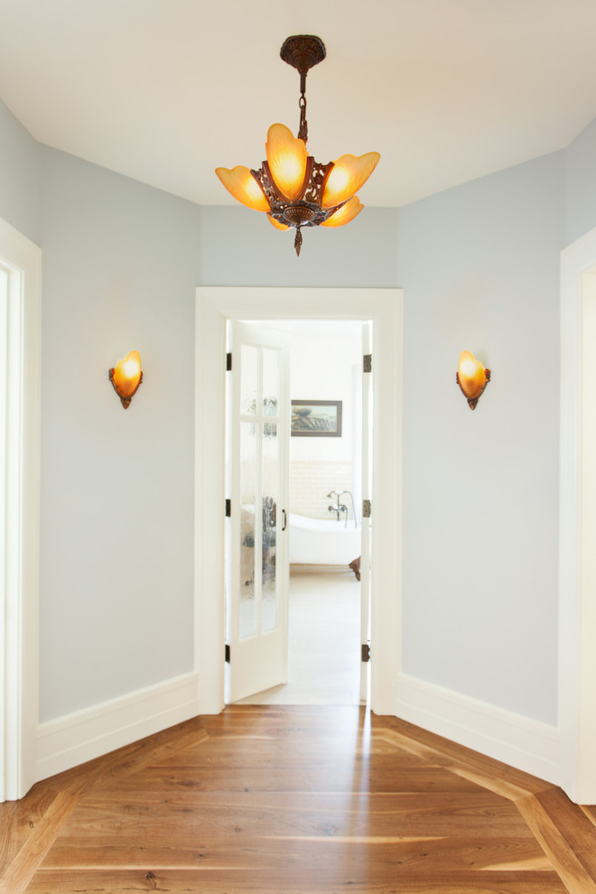 This is an example of a mid-sized traditional hallway in San Luis Obispo with blue walls and dark hardwood floors.