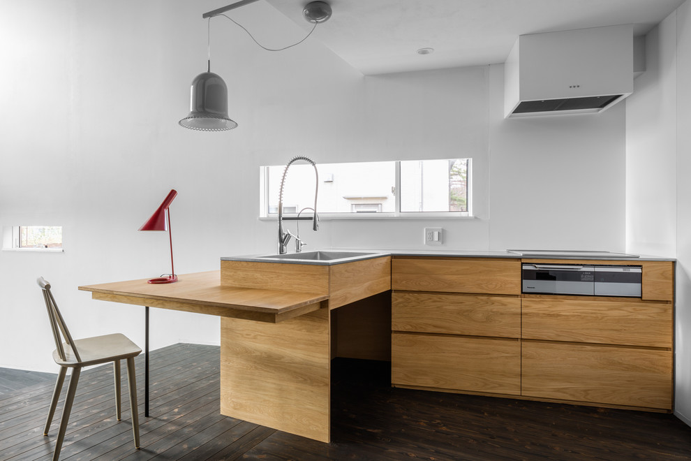 This is an example of a scandinavian l-shaped kitchen in Other with an integrated sink, flat-panel cabinets, medium wood cabinets, stainless steel appliances, dark hardwood floors and a peninsula.