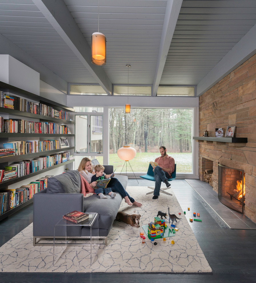 Small midcentury enclosed living room in Boston with a library, grey walls, dark hardwood floors, a two-sided fireplace, a stone fireplace surround and no tv.