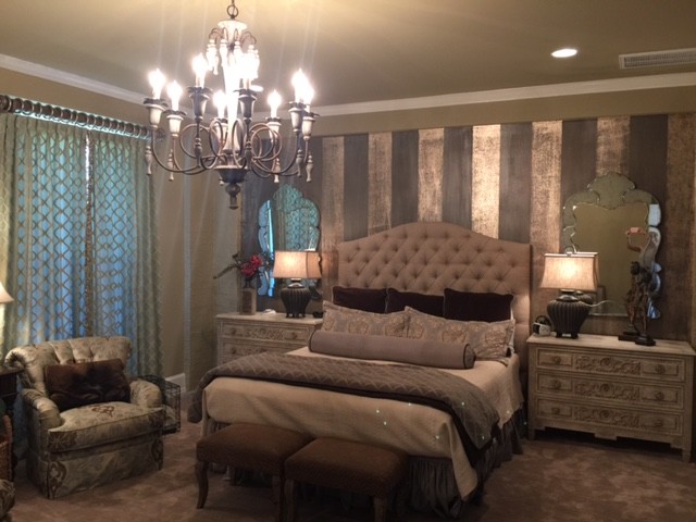 Design ideas for a large traditional master bedroom in New Orleans with beige walls, carpet and no fireplace.
