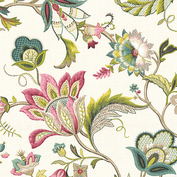 Pink and Blue Jacobean Floral Linen Fabric
