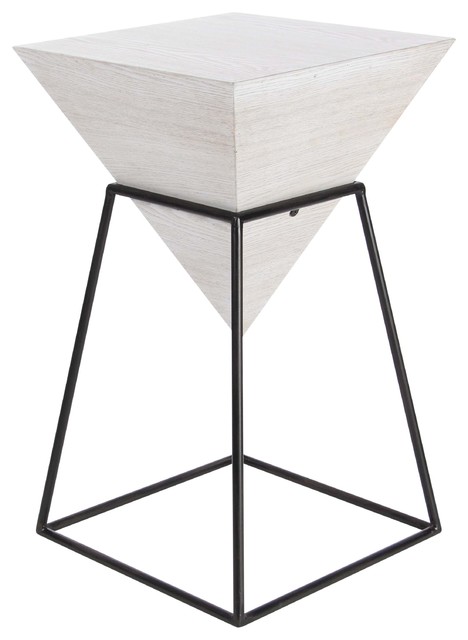 Modern Square Pyramid Block Wooden Accent Table White With Iron Frame Stand Modern Square Pyramid Block Wooden Accent Table White With Iron Frame Stand