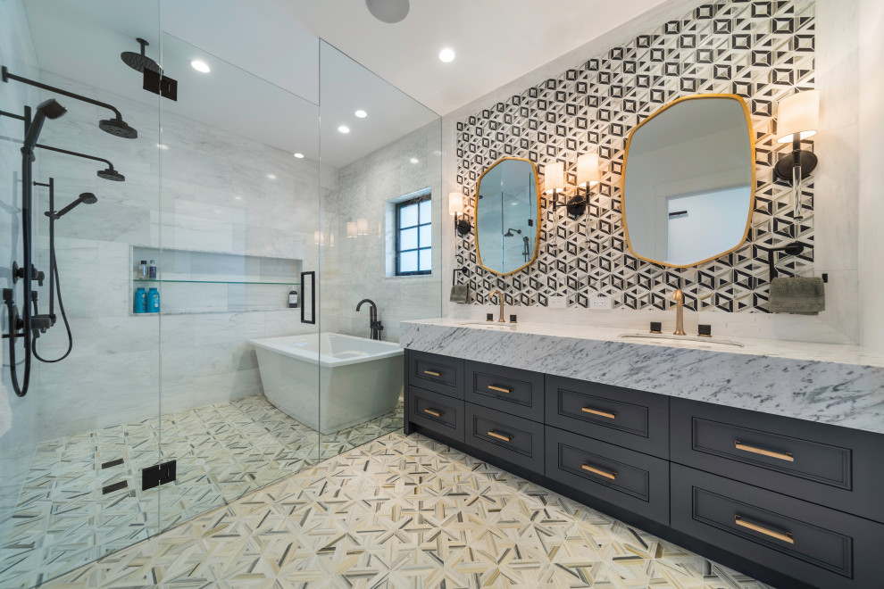 Design ideas for a mid-sized master bathroom in Vancouver with dark wood cabinets, a freestanding tub, a shower/bathtub combo, white tile, marble, white walls, dark hardwood floors, a drop-in sink, marble benchtops, a hinged shower door, white benchtops, a double vanity, a built-in vanity and wallpaper.