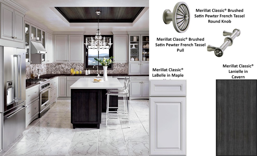 Kitchen - transitional l-shaped kitchen idea with raised-panel cabinets, gray cabinets, granite countertops, stainless steel appliances and an island
