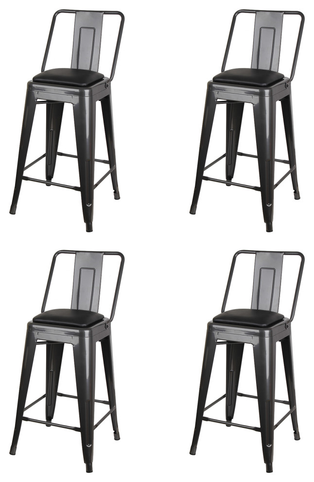 Highback Gungray Metal Bar Stools, With Vegan Leather Seat, Set of 4