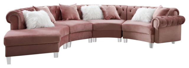 Ninagold Sectional Sofa With 7 Pillows, Pink Velvet