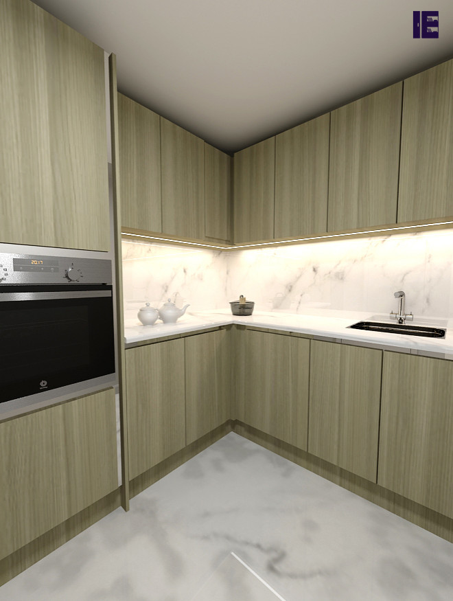 Immagine di una piccola cucina moderna con lavello a vasca singola, ante lisce, ante verdi, top in quarzite, paraspruzzi bianco, paraspruzzi in marmo, pavimento in marmo, pavimento bianco, top bianco e soffitto in legno