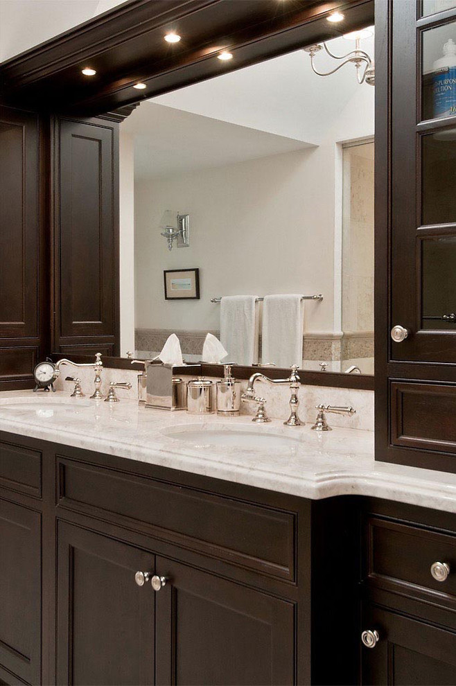 Inspiration for a mid-sized transitional 3/4 black tile mosaic tile floor and white floor bathroom remodel in Chicago with flat-panel cabinets, dark wood cabinets, beige walls, an undermount sink and soapstone countertops