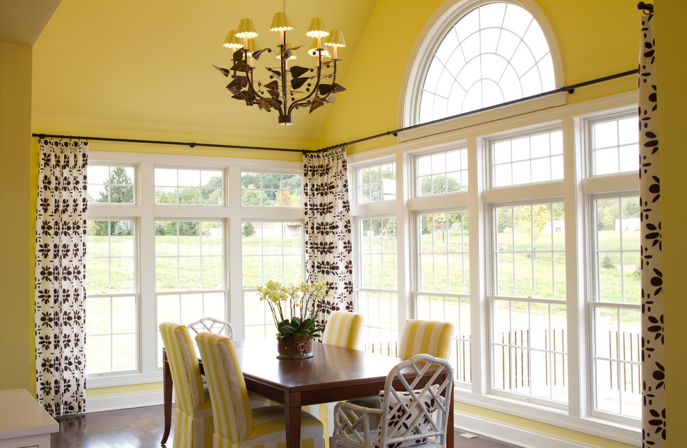 Design ideas for a traditional dining room in Other with yellow walls and dark hardwood floors.