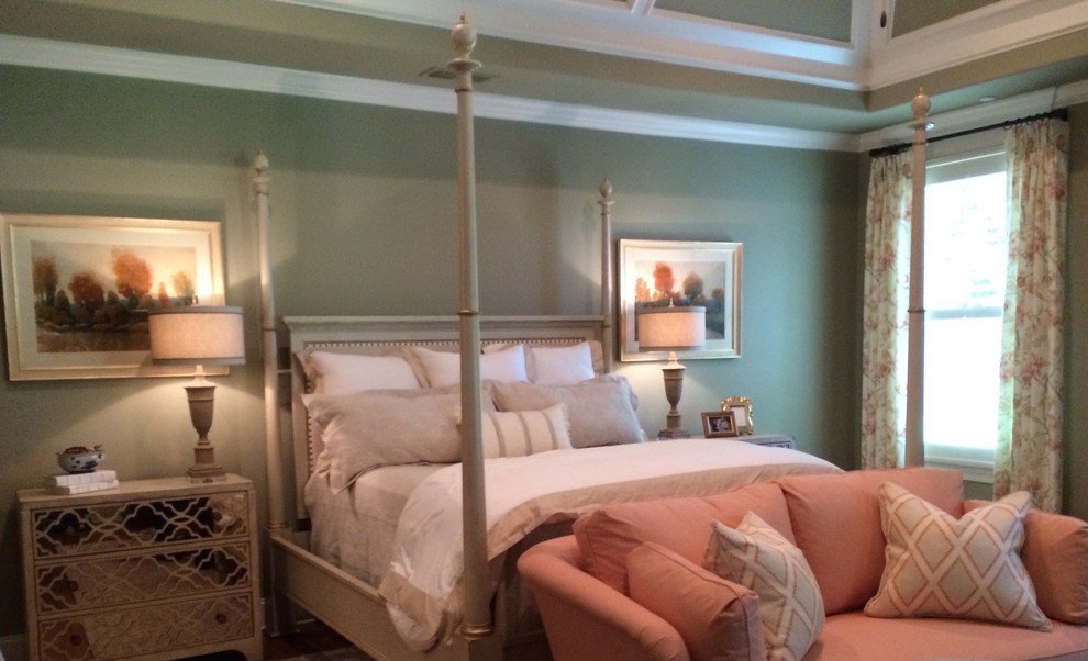 Large transitional master bedroom photo with green walls