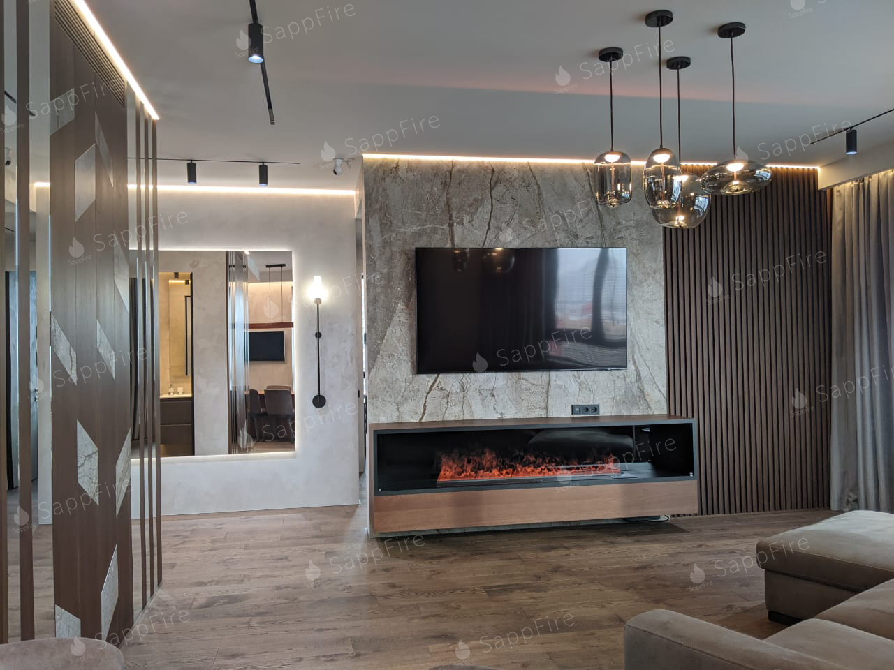 Роскошный интерьер с паровым камином