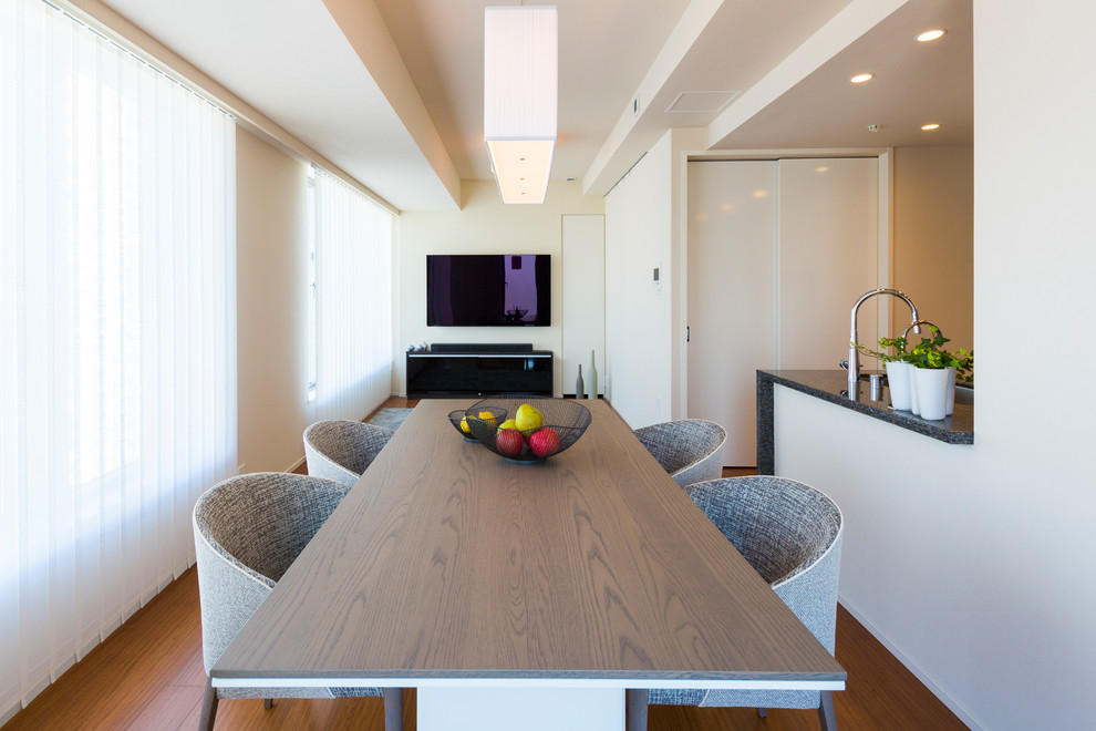 Inspiration for a modern dining room in Tokyo with white walls, plywood floors and no fireplace.