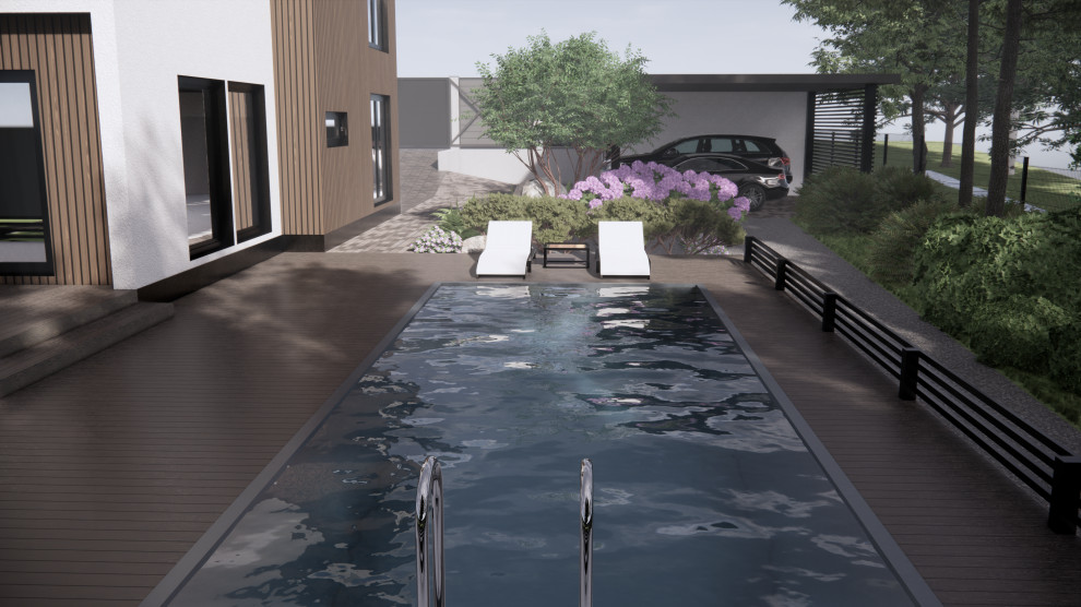 Вид от бассейна на зону въезда