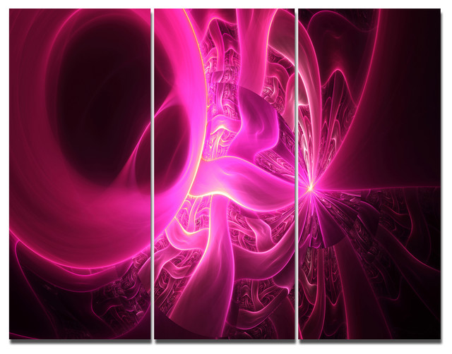 Bright Pink Designs on Black, Abstract Wall Art Canvas, 36x28, 3 Panels