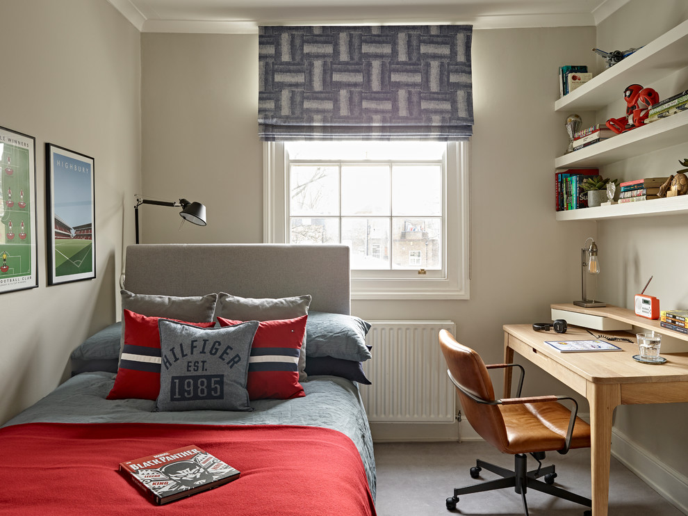 Design ideas for a small transitional kids' room for boys in London with grey walls, carpet and grey floor.