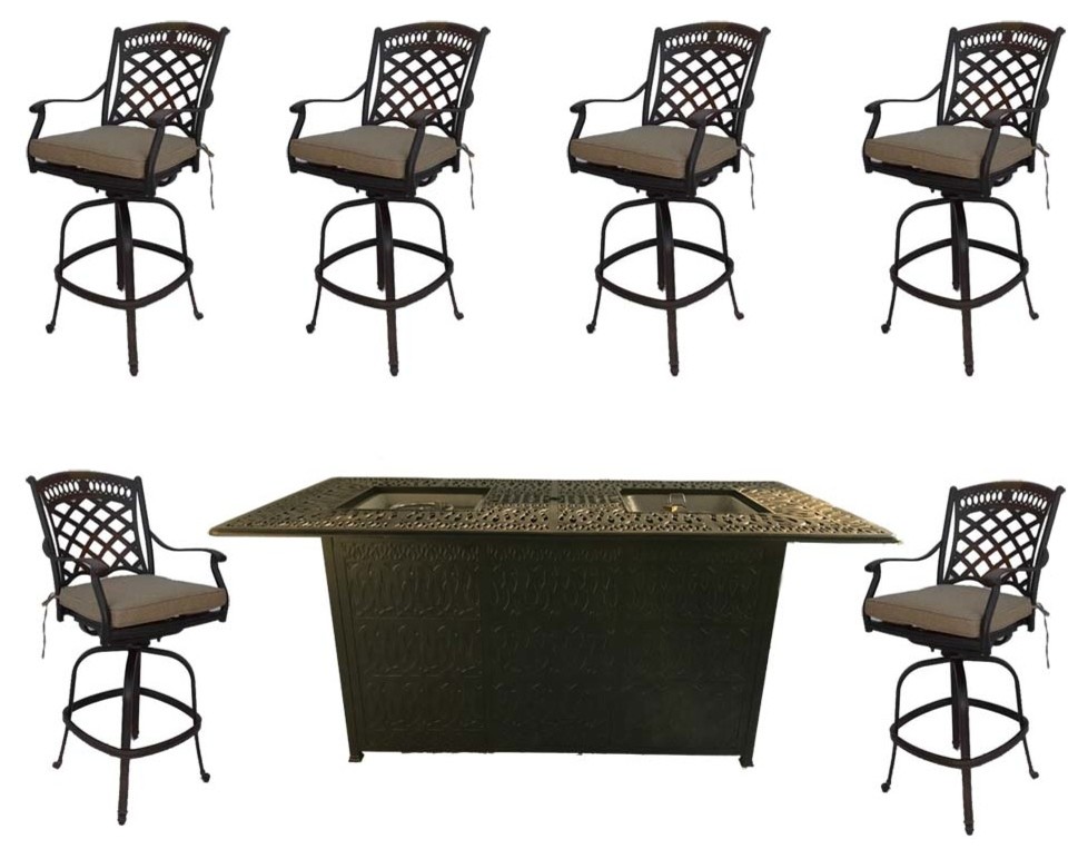 7Piece Bar Height Propane Fire Pit Table Dining Set, Cast Aluminum