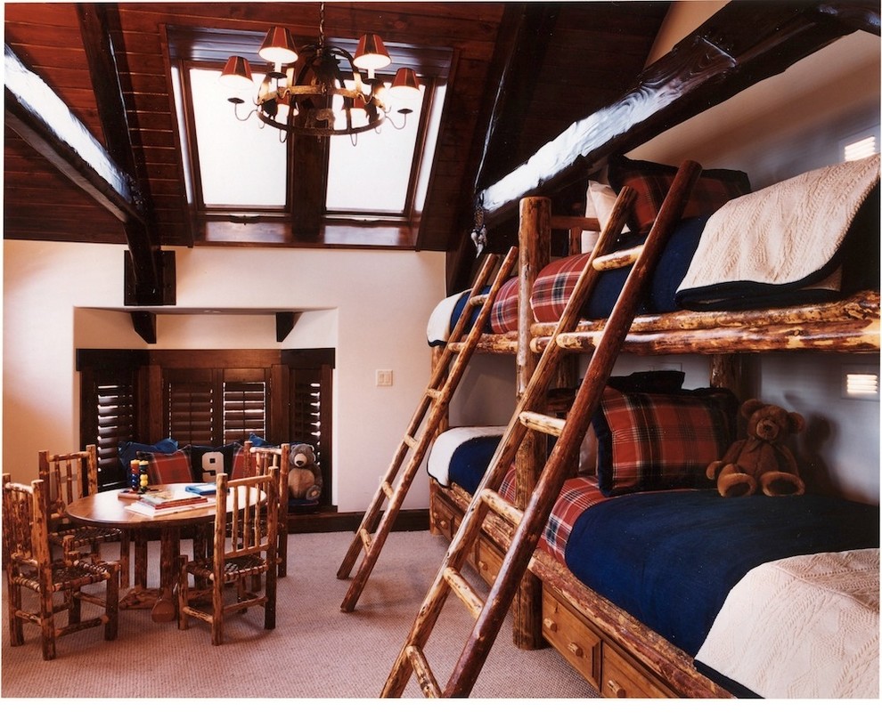 Bedroom - mid-sized rustic guest carpeted bedroom idea in Denver with white walls
