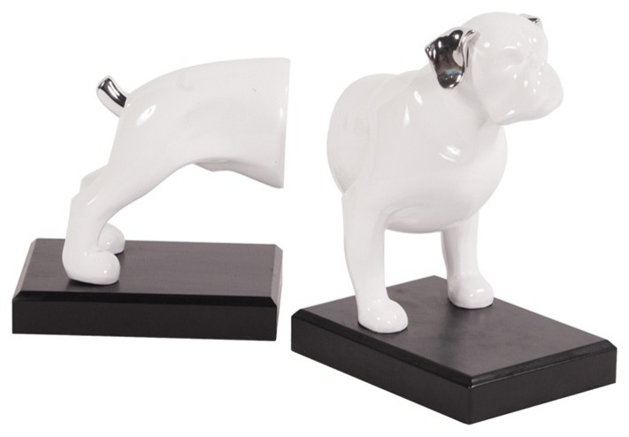 Howard Elliott White Ceramic Dog on Black Base, Set of 2 bookends