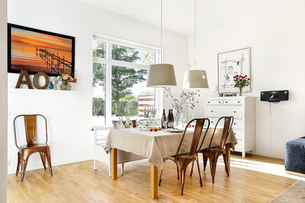 Inspiration for a mid-sized scandinavian dining room in Malmo with white walls, medium hardwood floors and no fireplace.