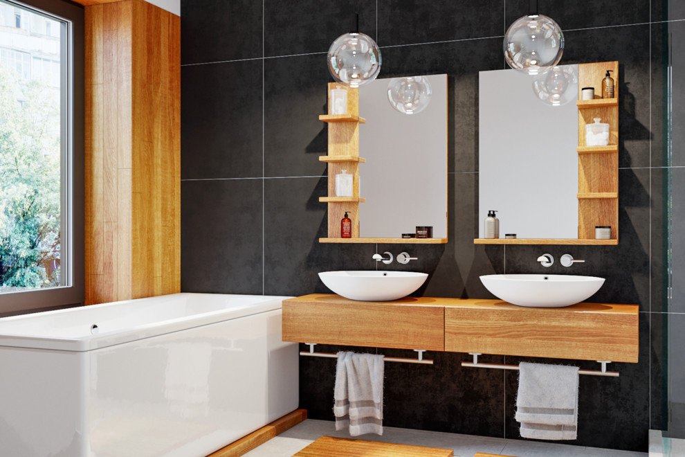 Mid-sized contemporary 3/4 bathroom in Berlin with brown cabinets, a drop-in tub, a curbless shower, a wall-mount toilet, black tile, ceramic tile, black walls, a vessel sink, wood benchtops and white floor.